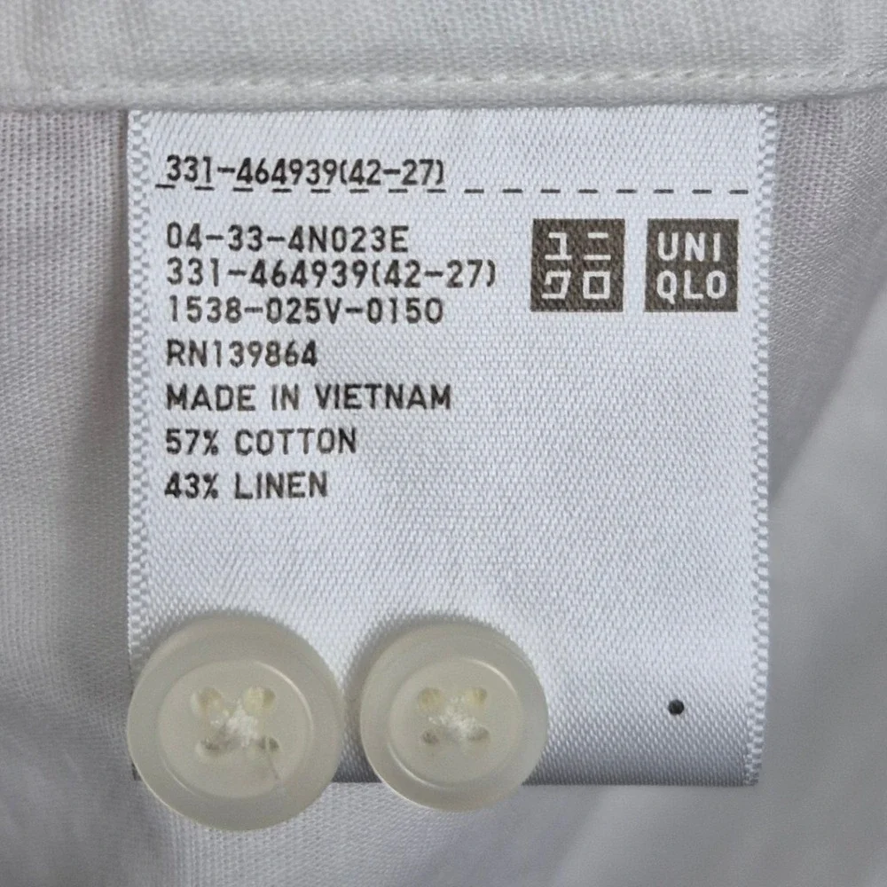 Uniqlo Mens White Cotton Linen Band Collar Short Sleeve Shirt Size M